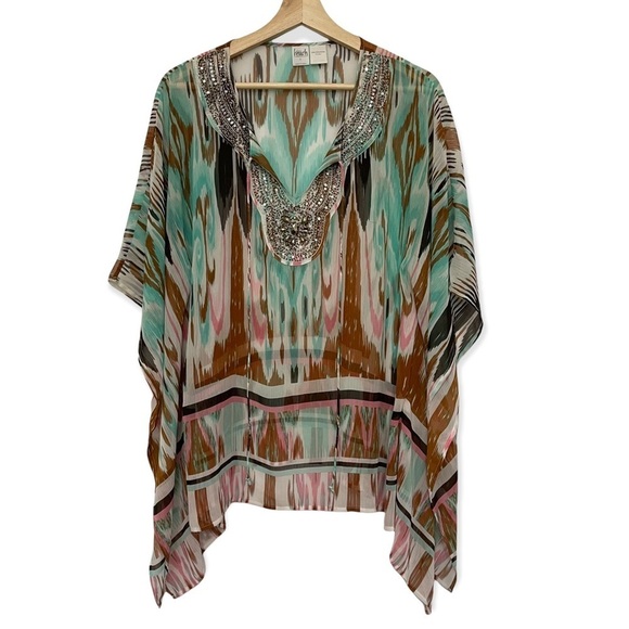 Anthropologie Beach Boho Hippie Embellished V-Neck Turquoise Tie Dye‎ kimono - Picture 9 of 13